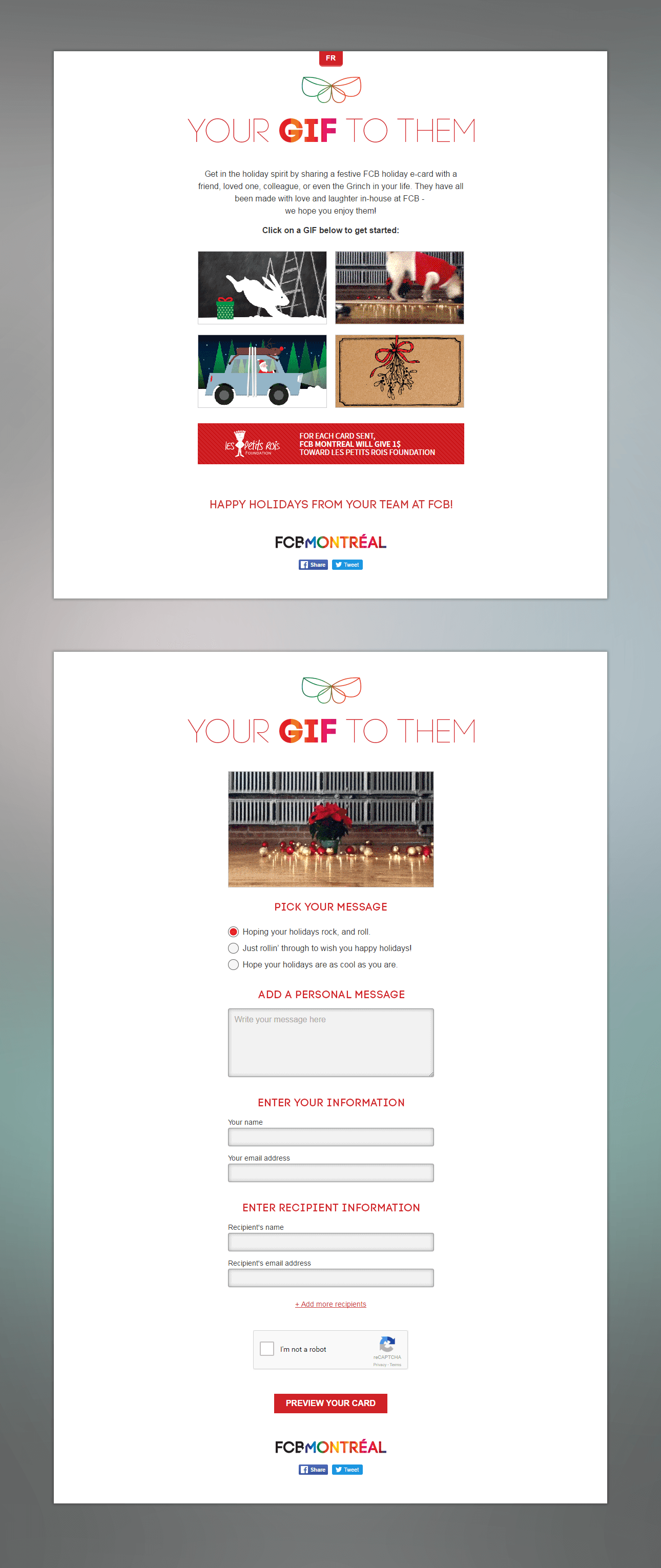 Screen captures of FCB's Your GIF to them Christmas Cards.