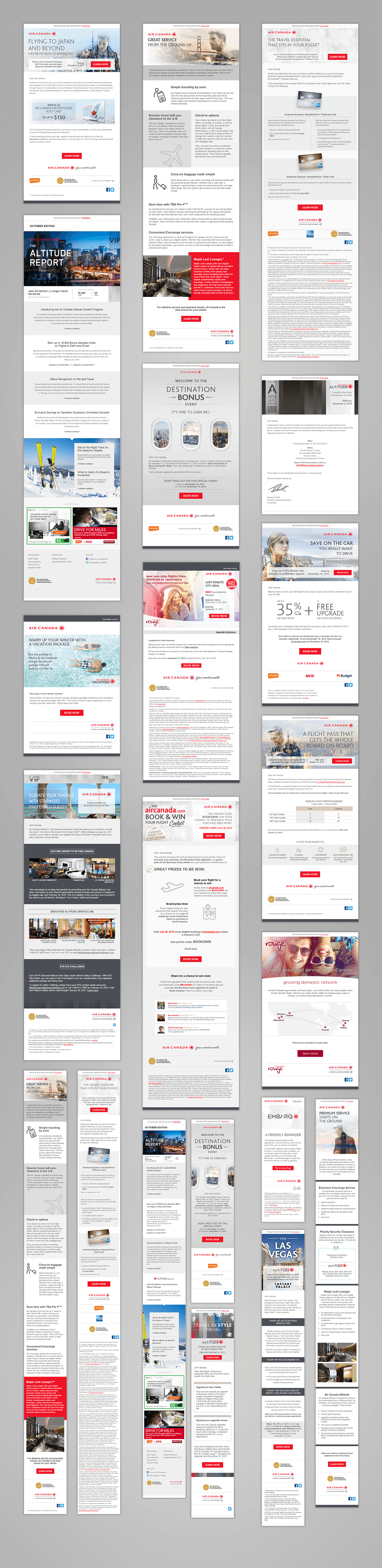 Screen captures of various Air Canada promotional emails.