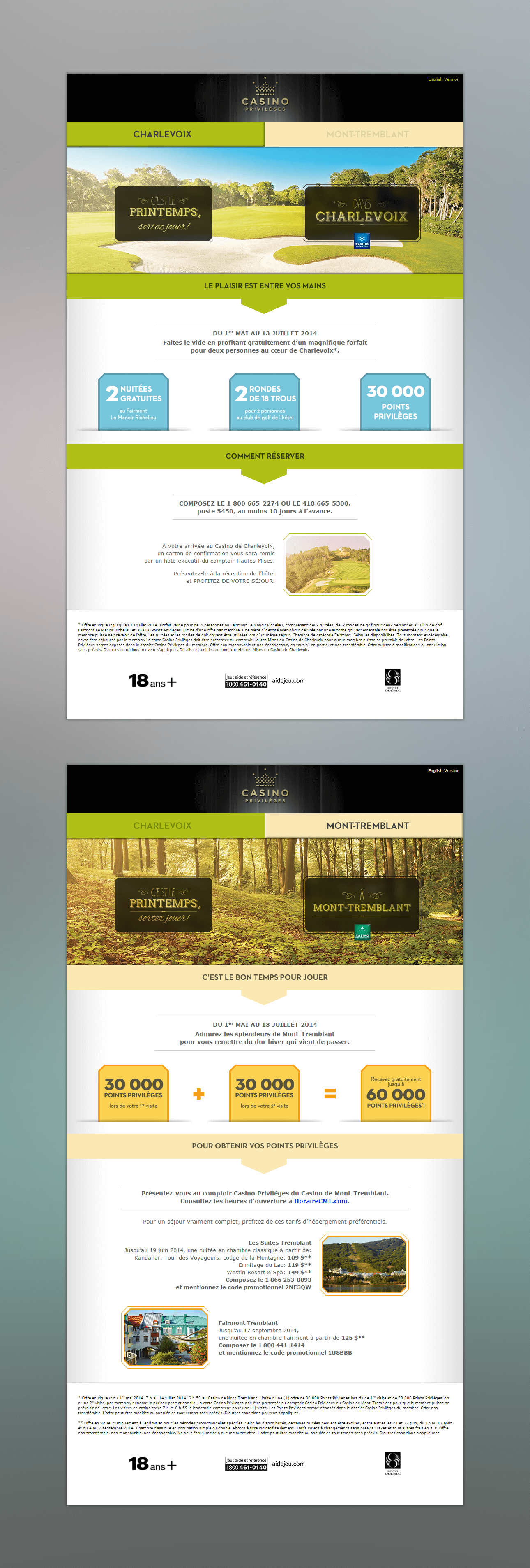 Screen capture of Charlevoix and Mont-Tremblant Casinos landing pages.