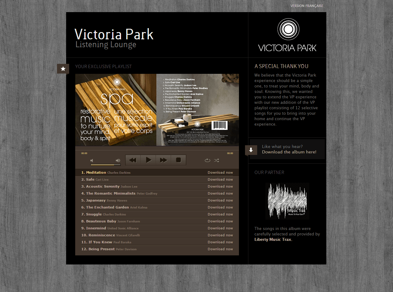 Screen capture of Victora Park's listening lounge microsite